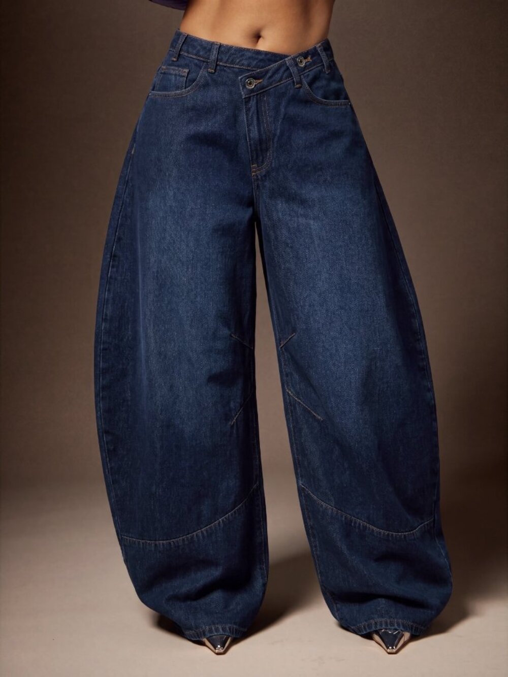 Dark Wash Casual Women's Asymmetric Waistband Pocket Curved Leg Denim Jeans